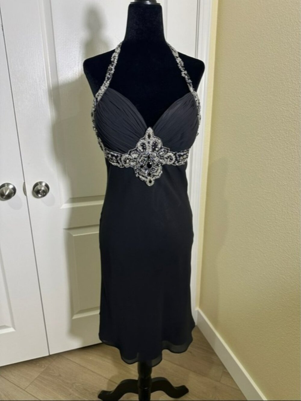 Vintage Neblon Black Halter Evening Dress with Beaded Back Detail. Size medium